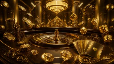 Luxurious casino-themed image with glossy 3D elements, featuring poker chips and a roulette wheel in a futuristic holographic